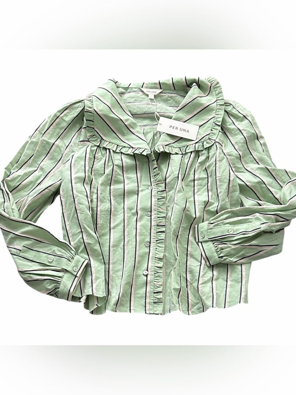 per una Mint Green Striped Ruffle-Trim Button Down Shirt